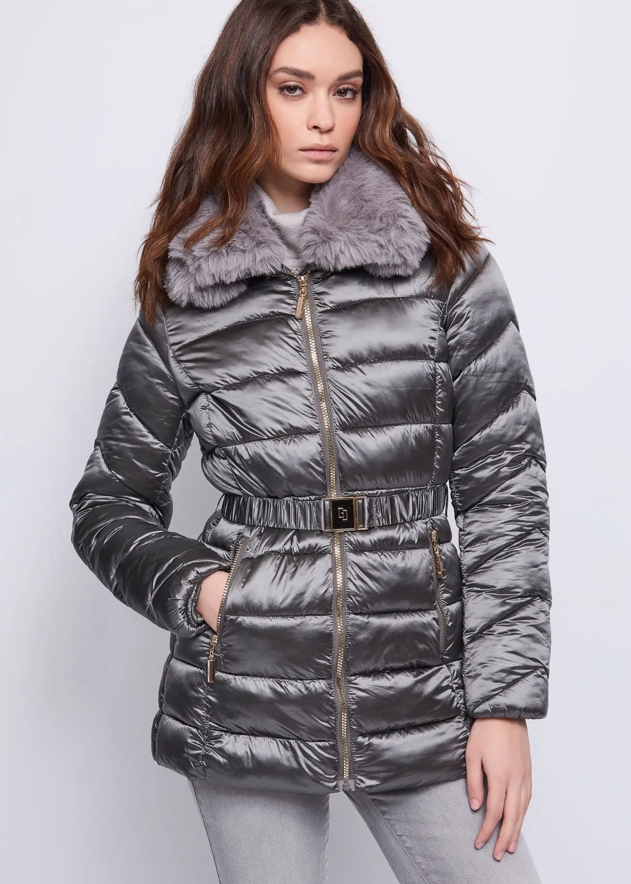 Gaudì Women's Long Down Jacket with Fur and Belt