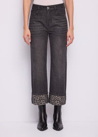 Jeans straight da donna con risvolto animalier